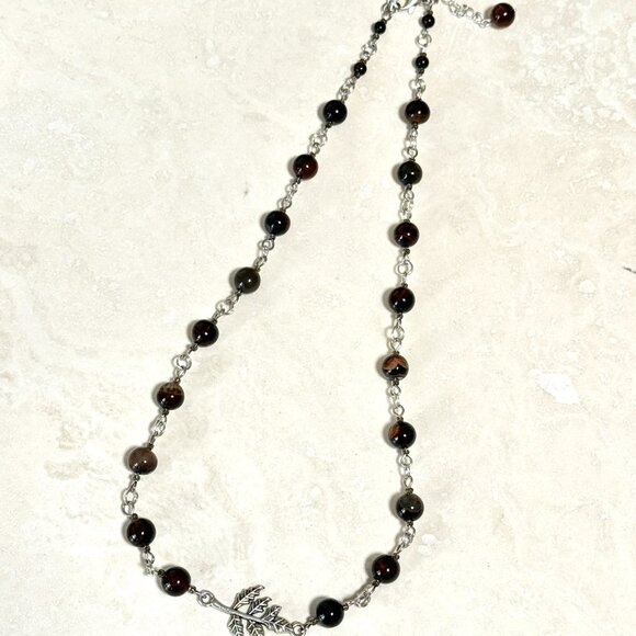 Genuine Dark Brown Agate Necklace, Natural Gemstone & Silver Leaf Branch Pendant - Picture 7 of 14